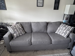 Gray 3-Seat Fabric Sofa, Contemporary Modern, Cushion Back, Wood Frame