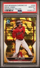 2023 BOWMAN CHROME SAPPHIRE ED PROSPECTS YELLOW #249 DRUW JONES 15/50 PSA 10