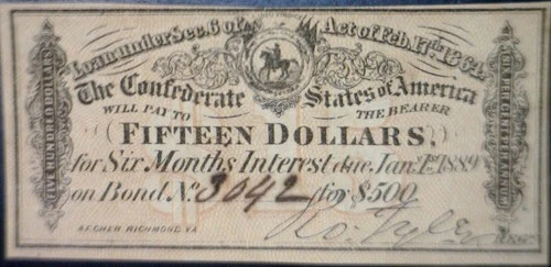 1864 CONFEDERATE Civil War Era $15 Interest Note CRISP AU + Frm a $500 Bond   NR