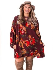 Umgee Boho Floral Tunic Dress Burgundy Long Sleeve Fall Mini Dress Size small