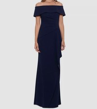 Xscape Women's Blue Off the Shoulder Crepe Lined Gown Evening Dress Size 4