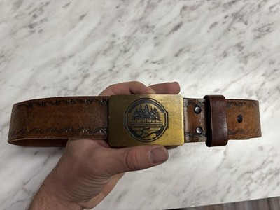 Tech Ether Guild Ampersand Belt Buckle Mens 32 Genuine Leather Hand Tooled 1978