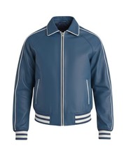 Premium Men Blue Sheepskin Leather Varsity Bomber Jacket Retro 90s Vintage Style