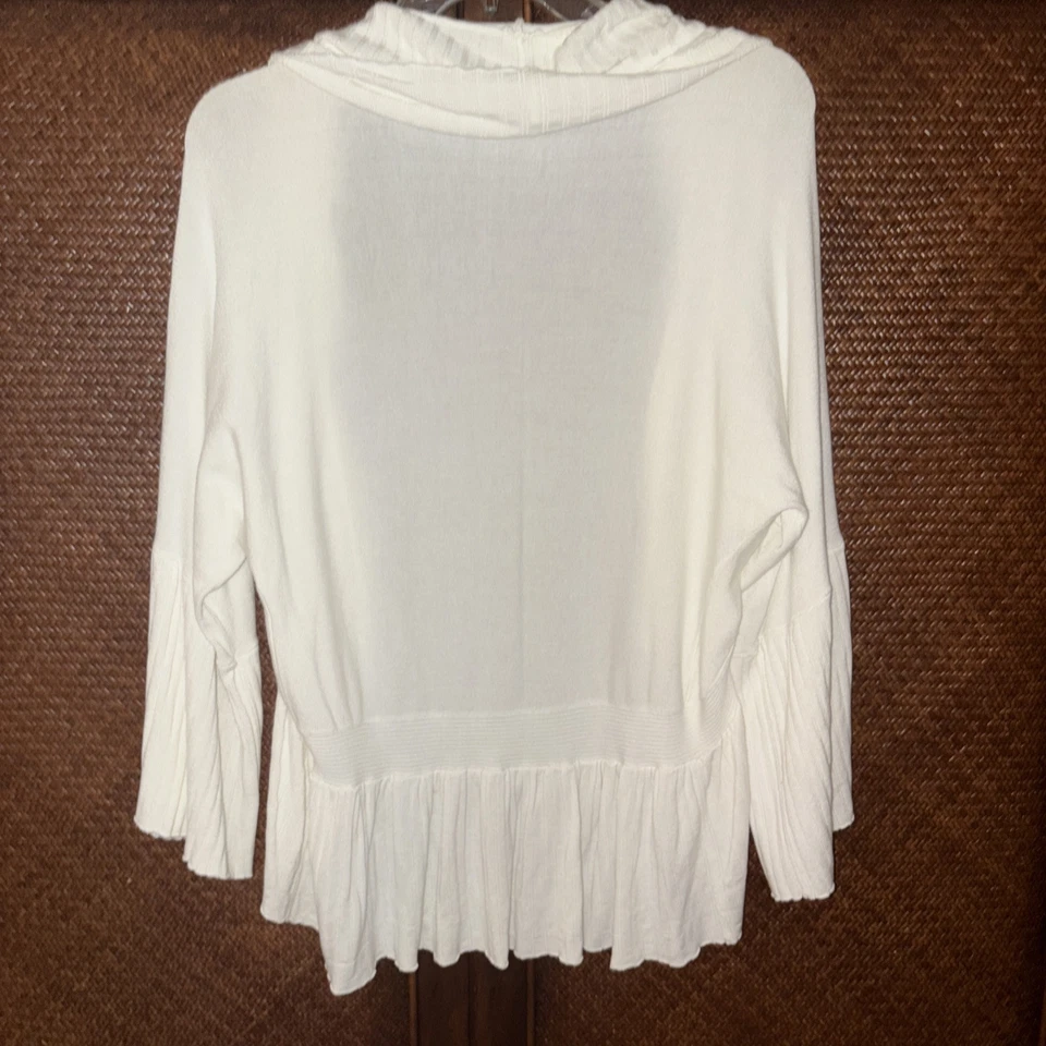 Cardigã de malha KENAR marfim frente aberta cascata babado manga média 3/4 peplum FR S - Imagem 2 de 4