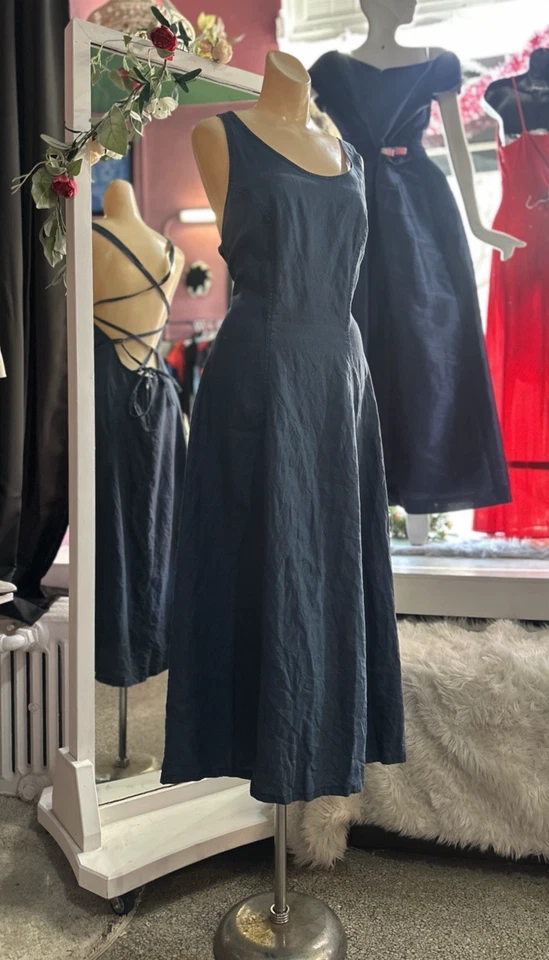 Maxi Vestido Corsé Vintage Años 90 Con Cordones Azul Cambray Espalda Abierta Boho Cáñamo M Foto 4 de 4