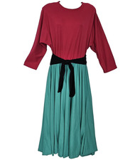 Vtg Dress 14 Colorblock Pink Green Belted Long Dolman Sleeves Midi Made USA