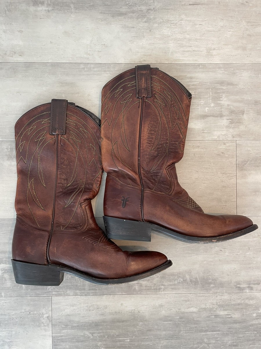 FRYE Stitch Pull On Brown Leather Cowboy Western Boots 77689  display picture 1