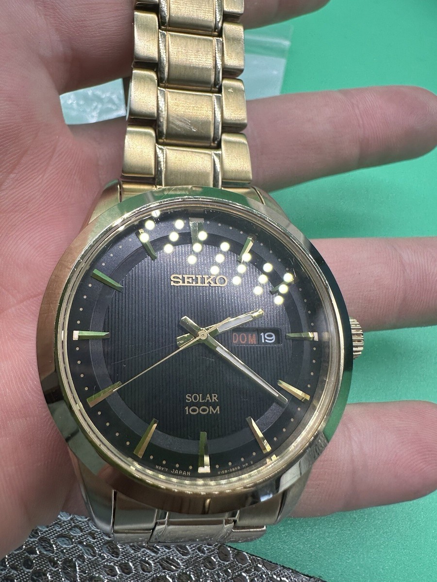 Seiko Solar 100m V158-0AS0 Seiko Solar Black Face Gold Tone Seiko Solar 100m V158-0AS0 Seiko Solar Black Face Gold Tone