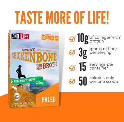 LonoLife Chicken Bone Broth Sticks: 10g Protein, Keto-Friendly 10 Pack