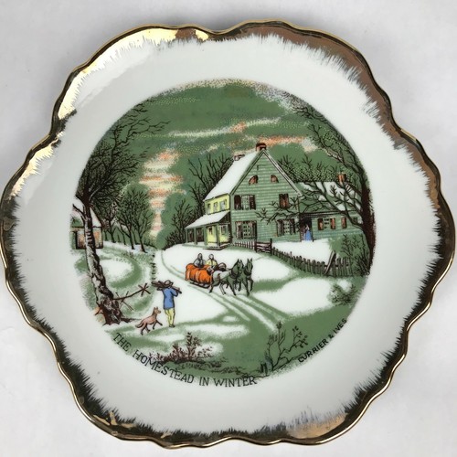 Juego de 3 platos decorativos de invierno vintage Currier & IVES Homestead adorno dorado - Imagen 5 de 10