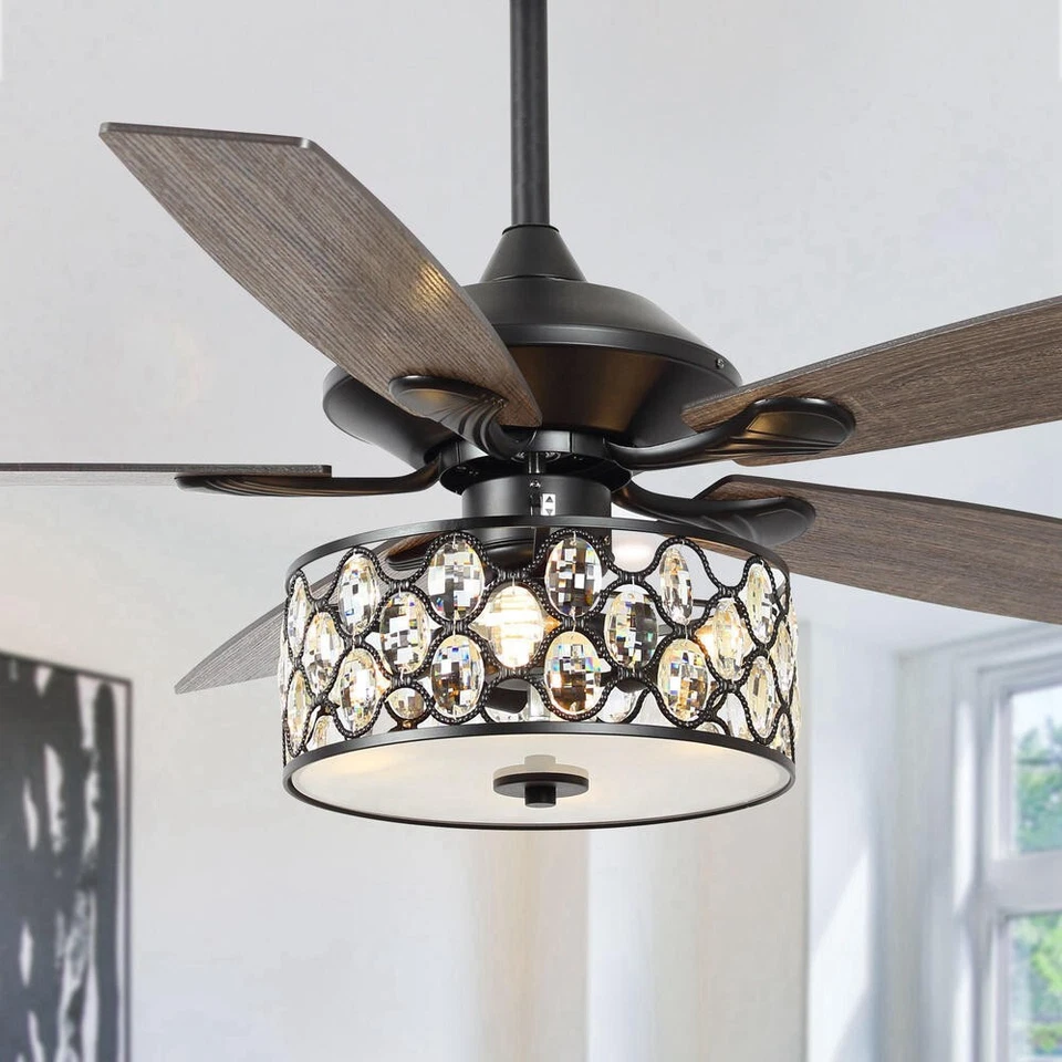 52" Matte Black Crystal Ceiling Fan Clear Glass Bowl Drum Light Remote Control - Image 2 of 4