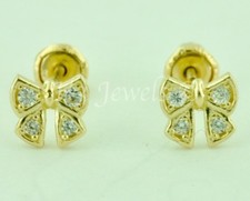14k Solid Yellow gold kids Stud Bow Ribbon earring earrings CZ Screw back 5614