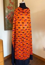 Antique Orange Silk Shawl Embroidered Scarf Wrap Mirrorwork Black Damask Border