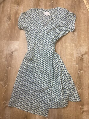 Zen Ethic Wrap Dress Women Large Blue Green Print Short Sleeve NWOT
