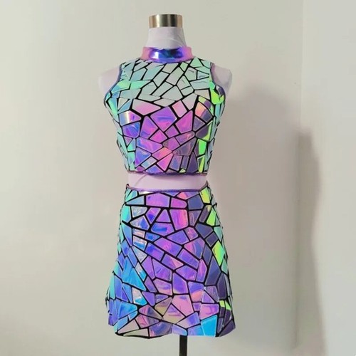 Lila blau Laser Spiegel Pailletten Top kurzes Kleid Damen Sängerin Tänzerin Bühnenkleidung - Bild 8 von 34