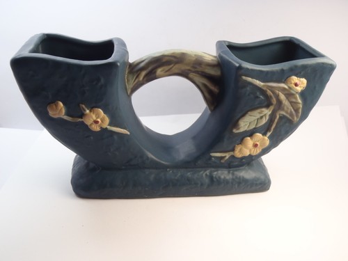 Reproduction Roseville Pottery Apple Blossom Blue 2 Sided Planter Vase 757 4" - Picture 10 of 20