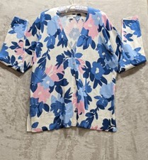 Croft  Barrow Soft Cozy White/Blue/Pink Floral Knit Cardigan Sweater Size Large