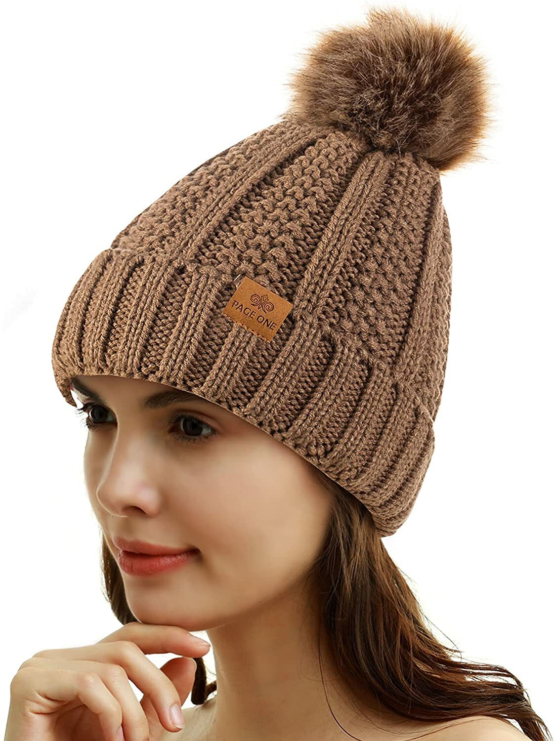 PAGE ONE Womens Winter Thick Cable Knit Beanie Faux Fur Pom Hat Fleece