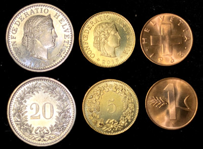 Switzerland 3 Coins Set 1, 5, 20 Rappen UNC World Coins