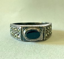 925 Sterling Silver Patina Black Onyx Marcasite Ring Size 5 3/4 Marked GM