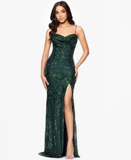 Blondie Nites Juniors' Sequin Draped-Neck Side-Slit Gown - Hunter 3