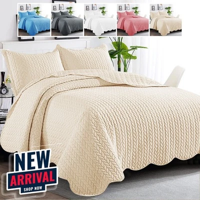 3 Piece Quilted Bedspread Bed Throw Embossed Bedding Set Single Double King Size - Image 1 of 4