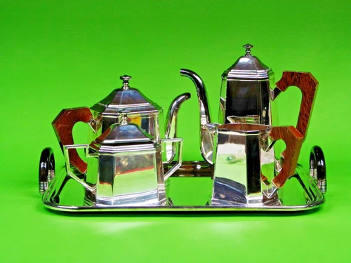 A Brazilian Art Modern Silver plate Tea and Coffee Service on Tray By St. James. - Picture 1 of 12