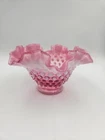 Vintage Fenton Cranberry Opalescent Hobnail Vase Ruffled Edge Bowl 4" Tall