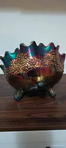 RARE ANTIQUE c.1911 FENTON ORANGE TREE COBALT BLUE CARNIVAL GLASS FRUIT BOWL