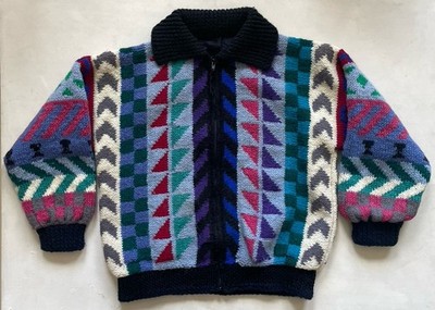 Vintage Herren Damen Unisex 80er Jahre handgestrickt Reißverschluss Strickjacke Wolle
