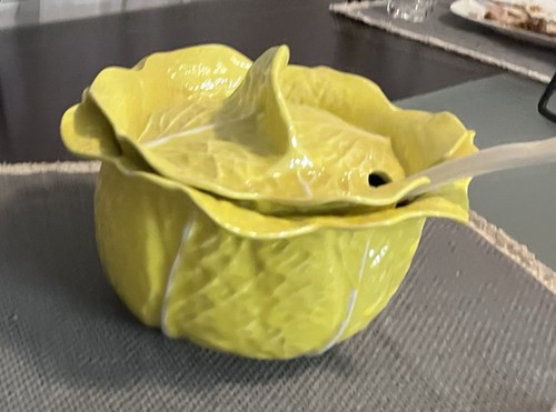 Vtg. Secla Portugal Yellow Cabbage Leaf Tureen Majolica Style Ceramic W/ Ladle