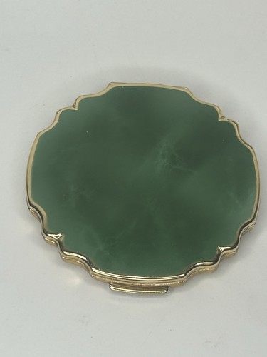 1950s stratton powder compact marbled Jade Green Enamel Finish & Gold Tone Trim