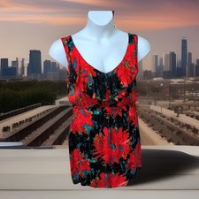 Vtg Y2K Red Blouson Sleeveless Dress Pop Art Pattern Ruffle Rayon Knee Artsy L