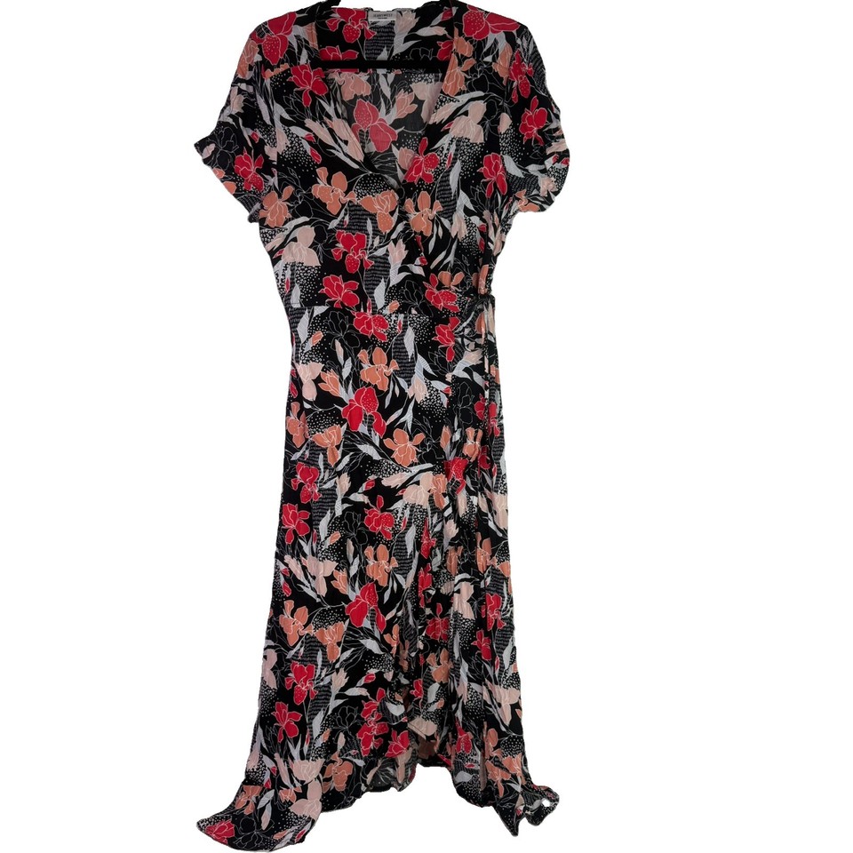 Jeanswest Size 16 Wrap Dress Black Red White Floral Waist Tie Short Sleeve Maxi