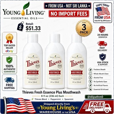 Pack of 3 Young Living Thieves Fresh Essence Plus Mouthwash 8oz - New Sealed! 