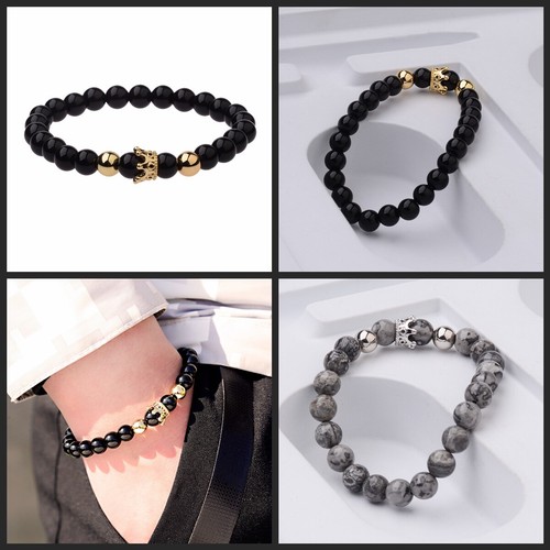 Men's CZ Copper Gorgeous King Crown Natural Stone Friendship 8mm Beads Bracelet - Picture 5 of 26