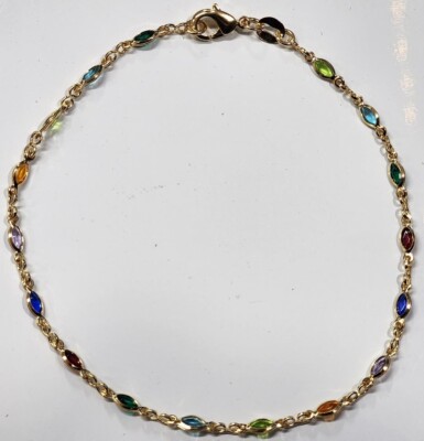 Ankle Bracelet 18k Gold Filled with Colored Stones 9.75 inches Long new # 150