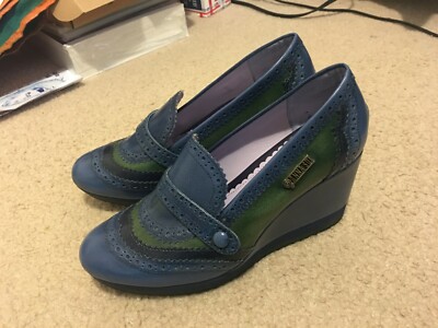 Hush Puppies Anna Sue Designer Blue Green Lolita Wedge Heels Shoes Women Size 10