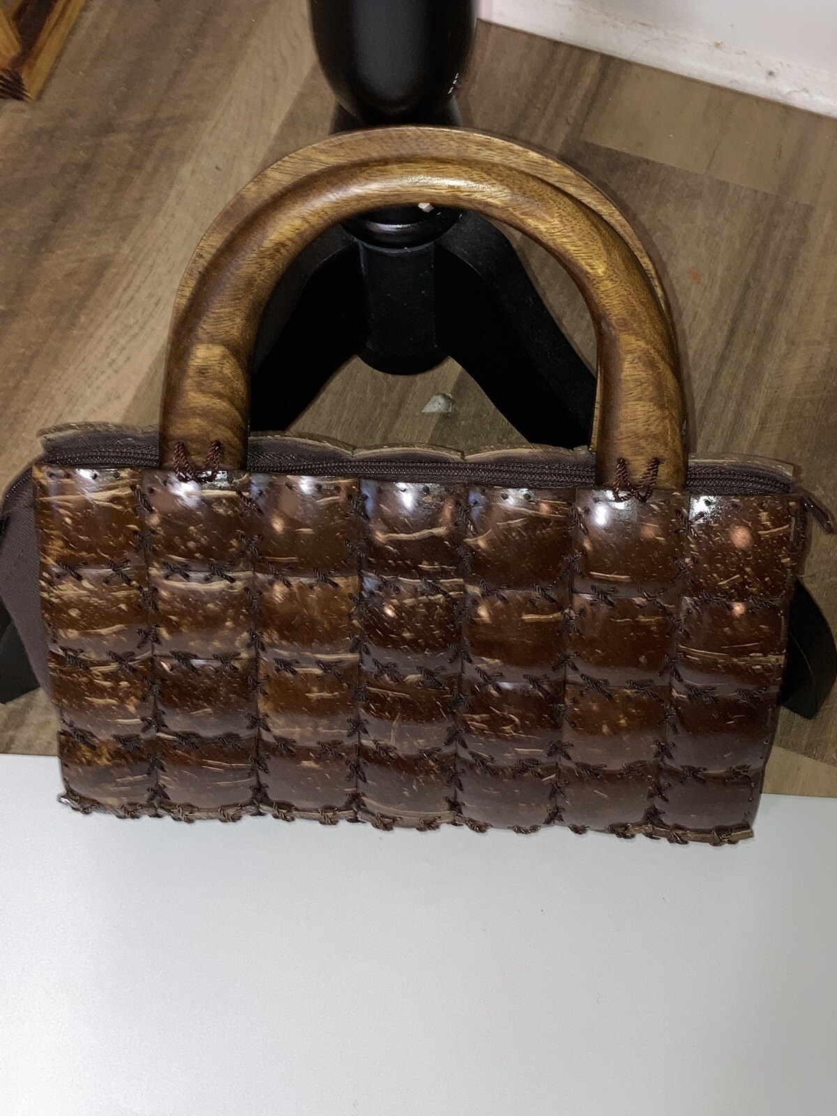 Handmade Coconut Shell Woven Patchwork Brown Zip … - image 6