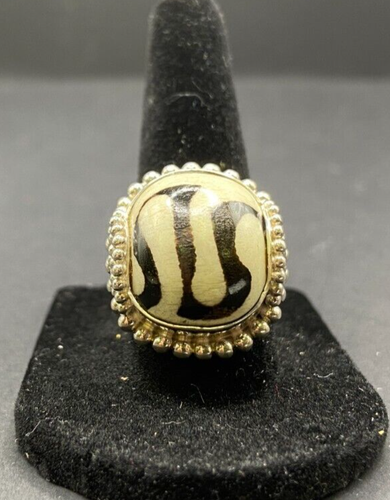 Anello Zebra Diaspro Taglio Cuscino Cristallo Argento Sterling Placcato Oro Timbrato Sejan - Foto 12 di 24