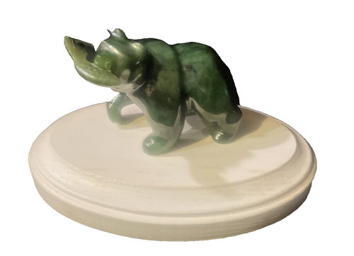 Alaskan Carved Jade Bear with Fish Kobuk Valley USA Wood Base Dark Green 2 in 07