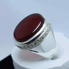 Men's Brown Black Yemeni Aqeeq Ring  Natural Agate Stone  925 Sterling Silver