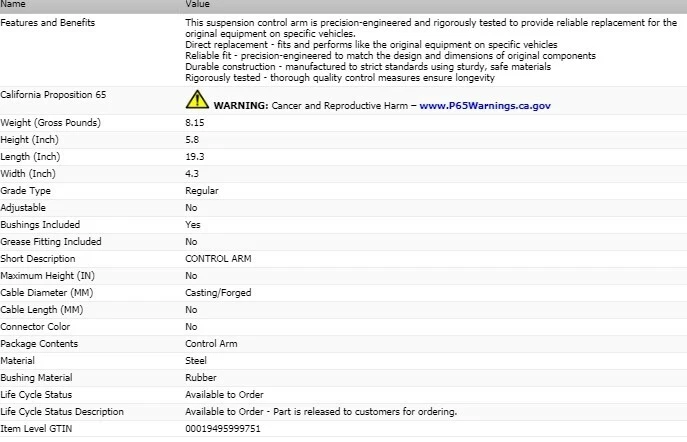 Control Arm Dorman FRONT LOWER for 2015 DODGE CHARGER Foto 3 de 4
