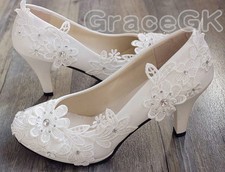 Lace white ivory crystal Wedding shoes Bridal flats low high heel pump size 5-12