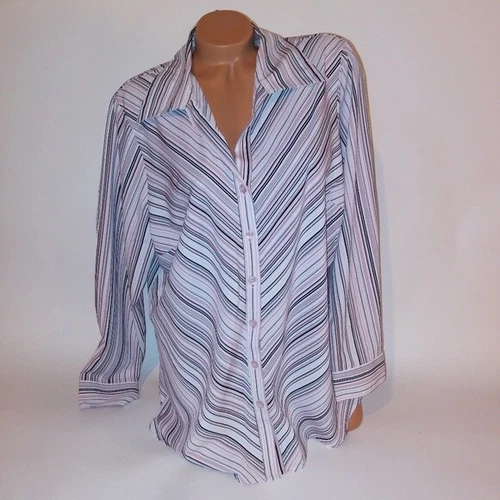 Fashion Bug Womens Blouse Button Down 18 20 Pink White Stripe Long Sleeve
