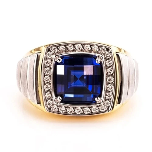 3 Ct Cushion Simulated Sapphire Men's Engagement Ring 14K Two-Tone Gold Plated