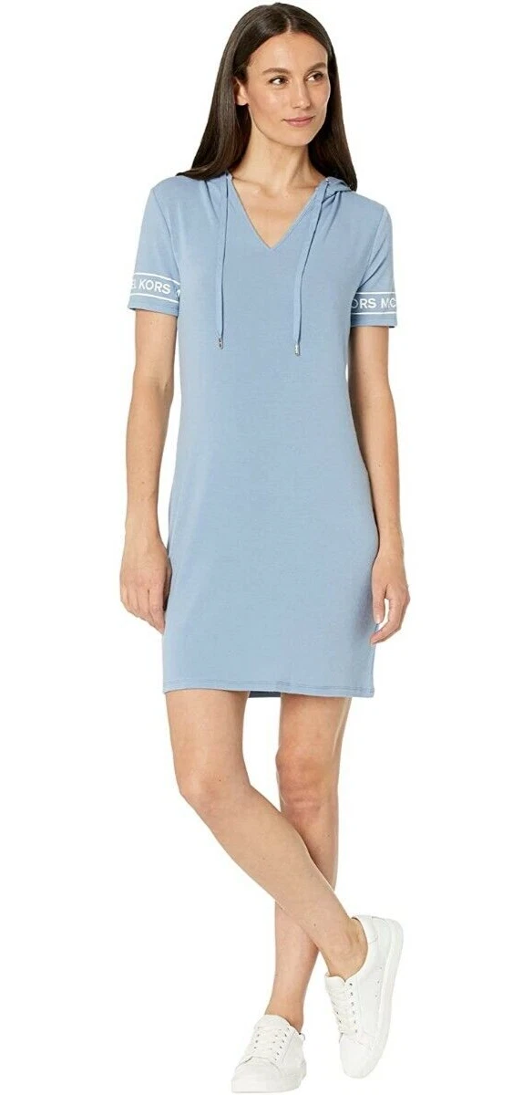 Felpa con cappuccio donna Michael Kors abito logo spugna manica chambray blu chiaro taglia M