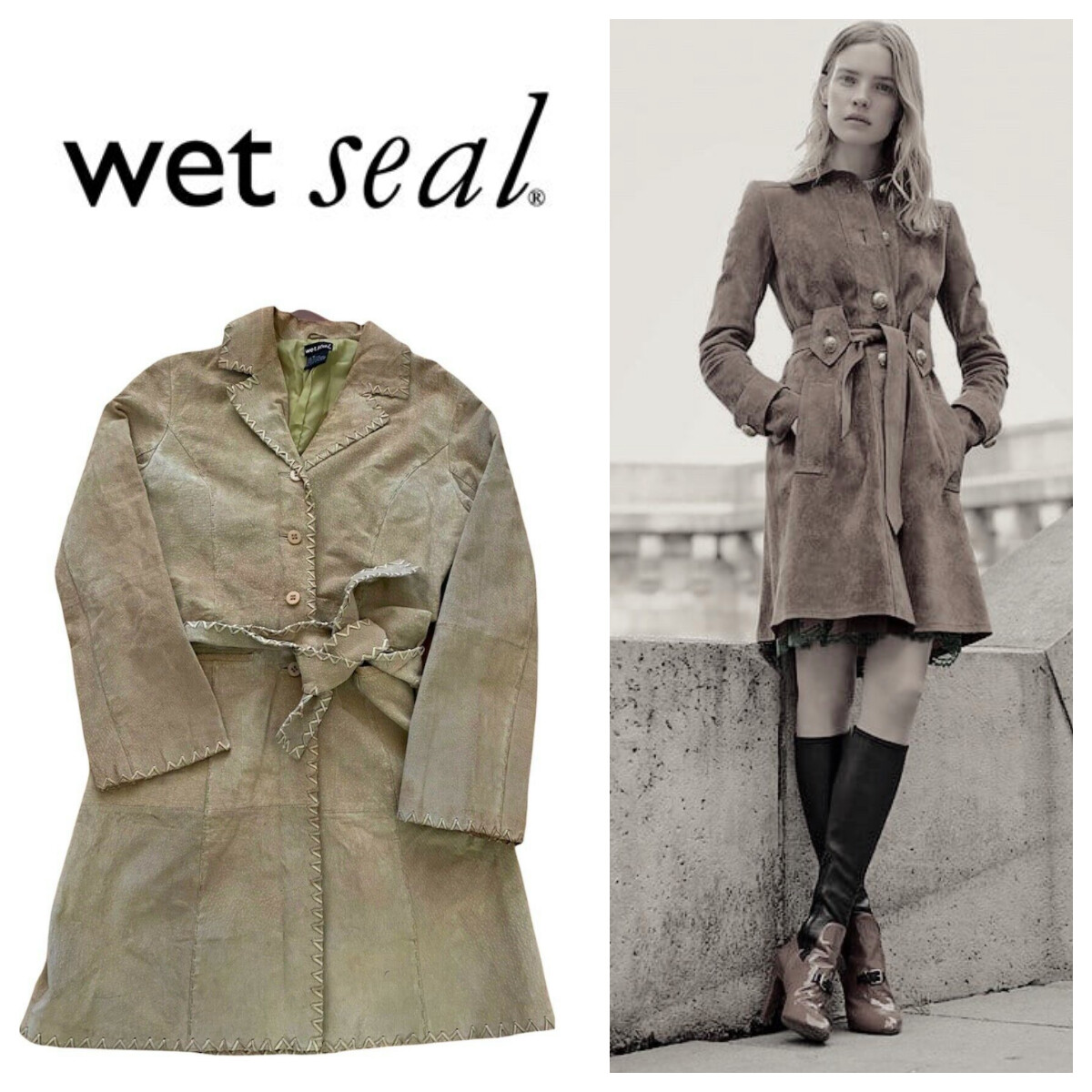 Vtg 90s Y2K Wet Seal Medium Trench Coat Jacket 100% Leather