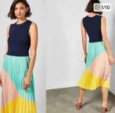 Ted Baker Blue &Pink Top+ Colorblock Accordion Pleat Midi dress, Fit&Flare, Sz 2