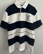 Vintage Tommy Hilfiger New York Navy Blue Striped Polo Short Sleeve Shirt Sz L